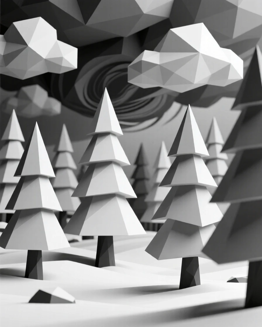 A pine forest blanketed in fresh snow, under swirling storm clouds. layers of color create a striking sense of depth. The atmosphere is dramatic and powerful.
