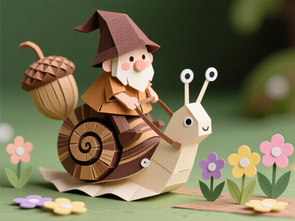A tiny acorn-capped gnome riding on the back of a friendly snail, with little flowers blooming in its wake, evoking cozy storybook charm.
