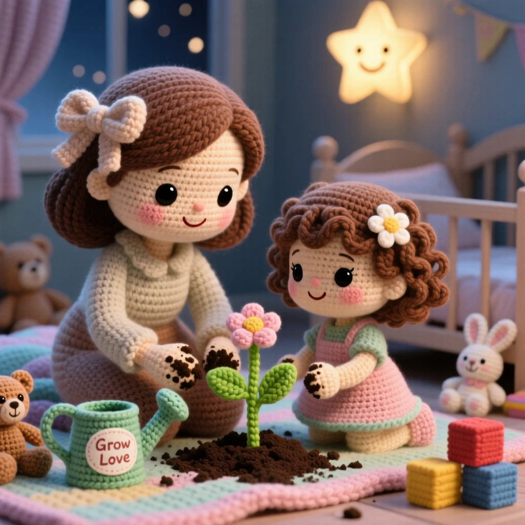a mother and daughter planting flowers together, both with soil-smudged hands, is captured patting soil around a new seedling in a softly lit nursery at bedtime beside a scattering of toys tidied nearby, showing quiet tenderness between generations.