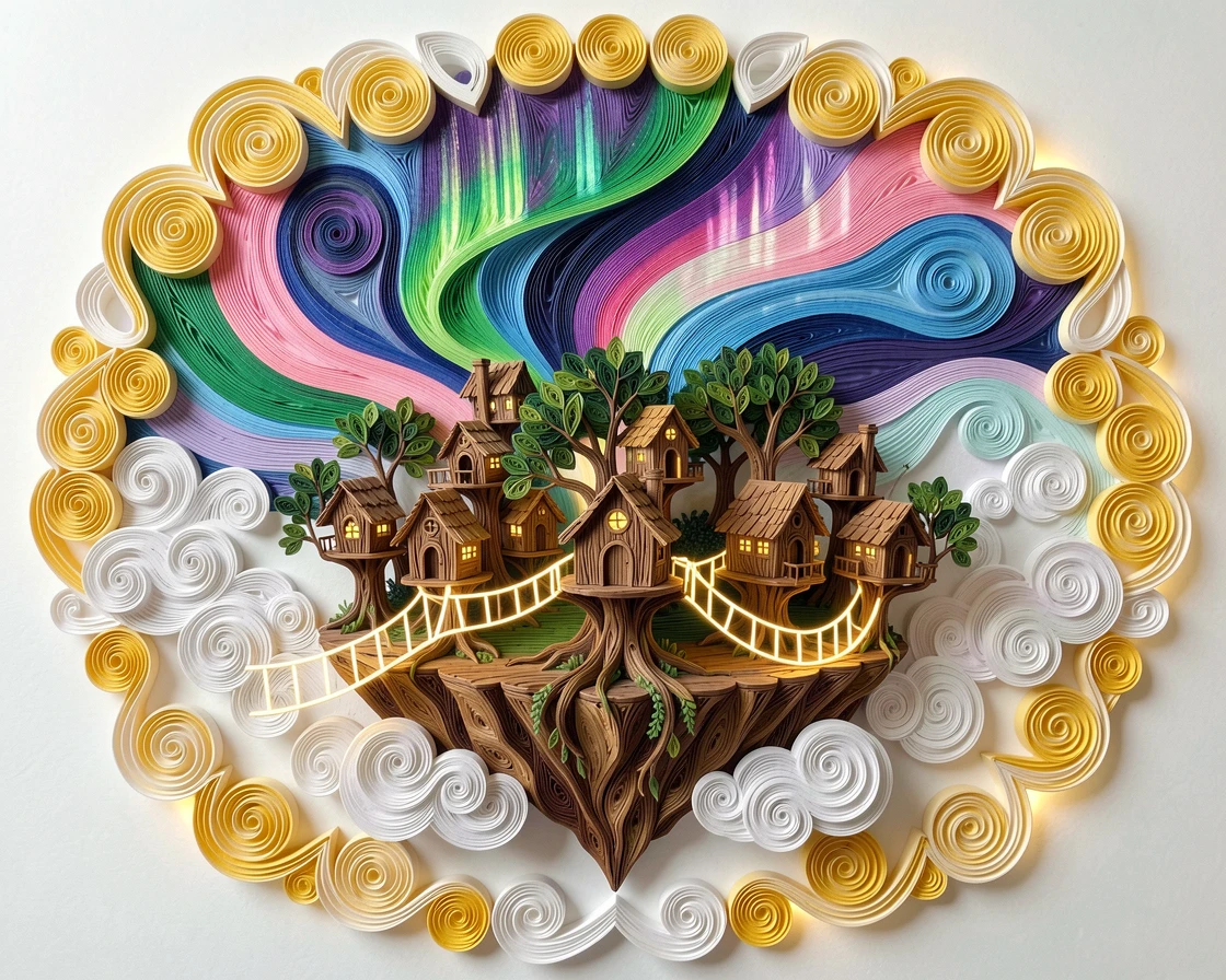 A magical fantasy scene of a treehouse village connected by glowing rope bridges atop a floating island in the clouds, under a sky painted in shifting aurora colors, framed with a dreamlike glowing halo of light.