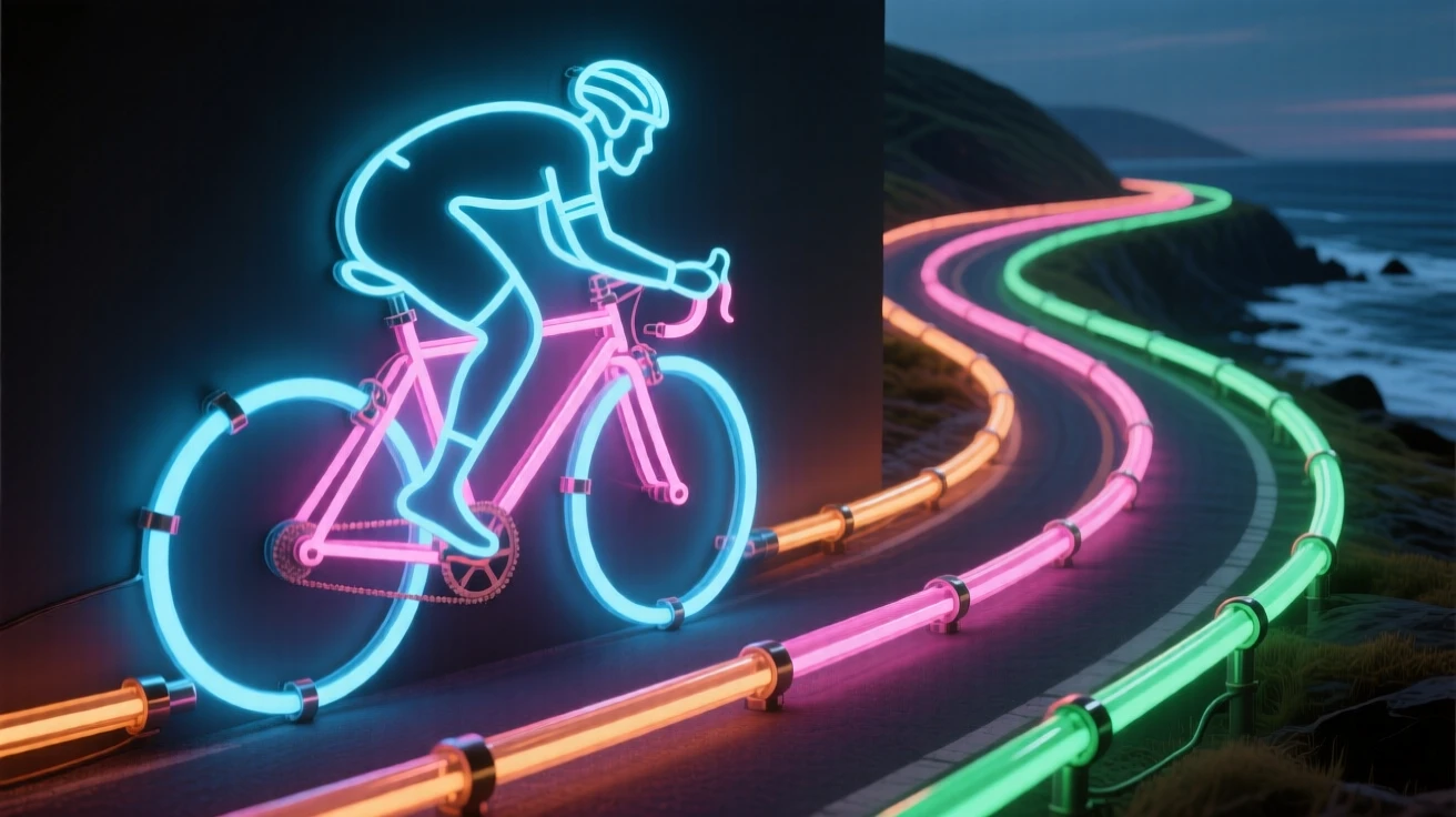 A cyclist racing along a winding coastal road.