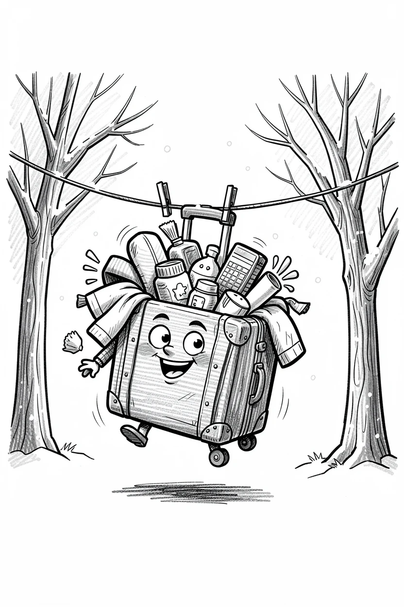 A suitcase eagerly packed for a trip on a clothesline in winter.