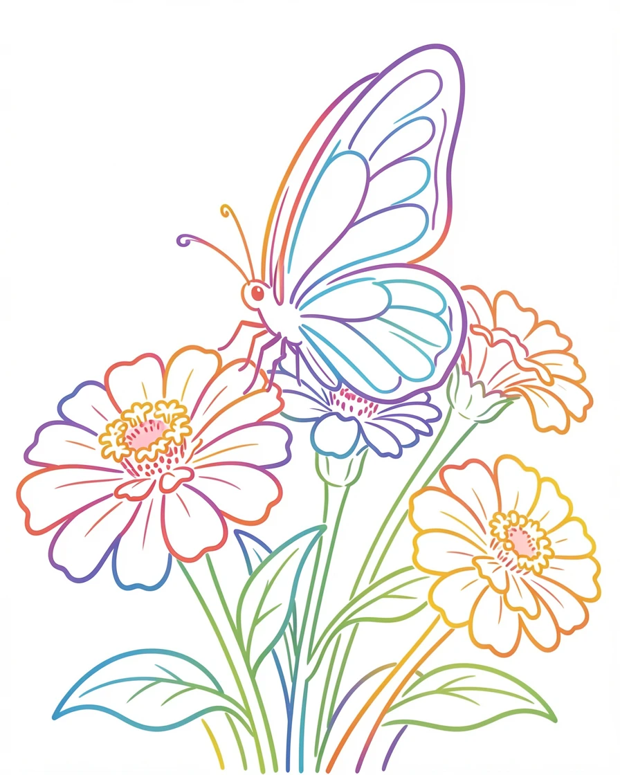 A close-up of a butterfly resting on a cluster of blooming zinnias.