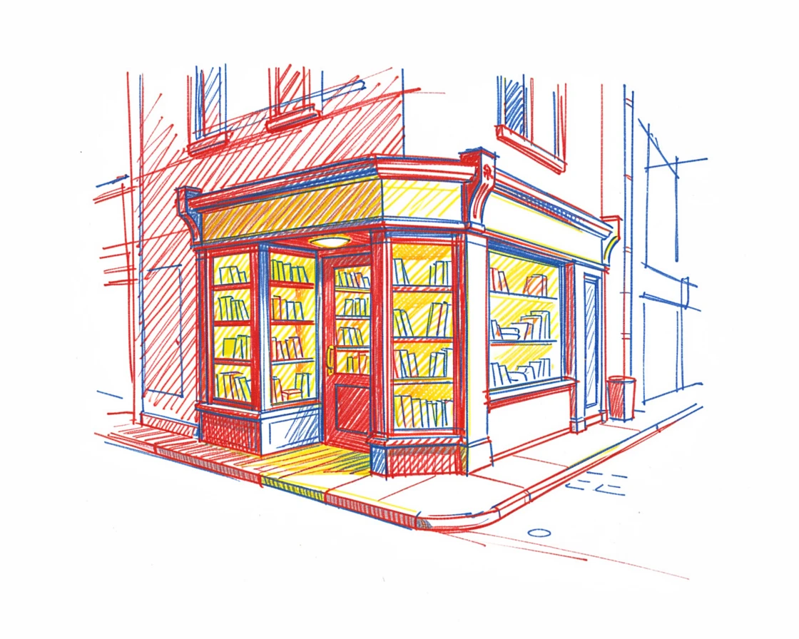 A quiet corner bookshop with warm light spilling onto a narrow street