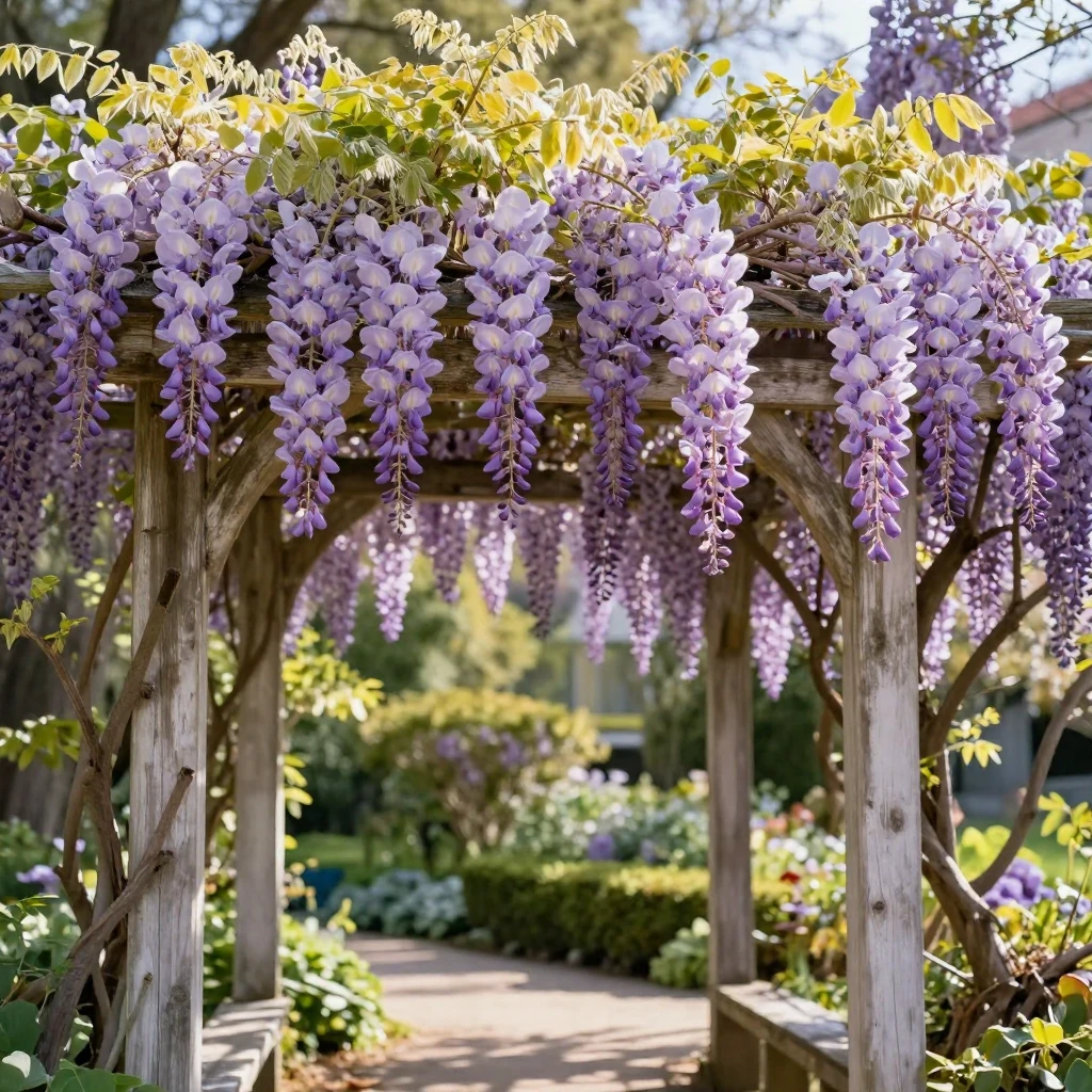 A wisteria arbor dripping with pastel purple blooms