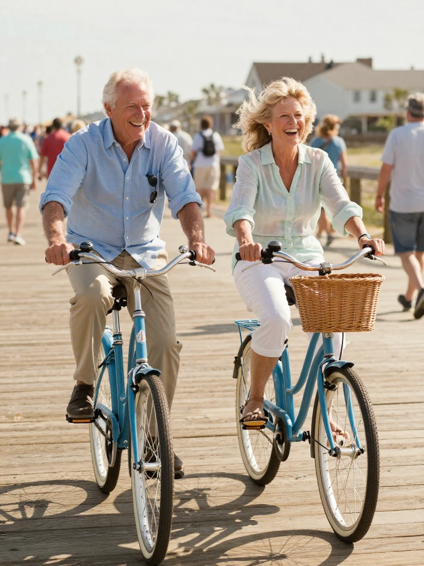 A senior couple rides a tandem bicycle along a boardwalk, both grinning into the wind.