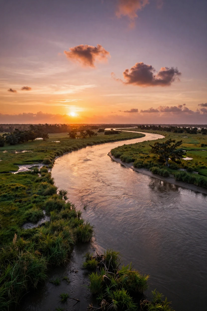 A sprawling river delta glowing under the light of a setting sun