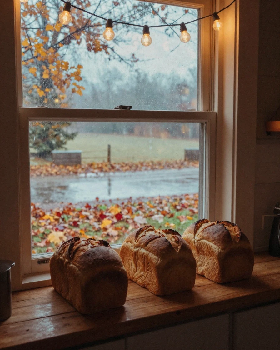 Fresh bread cooling on a windowsill in a sunlit kitchen, under strings of warm string lights, just after a rain shower, with puddles reflecting the sky, as autumn leaves turn gold and red, in soft muted pastels, from behind, looking toward the horizon.
