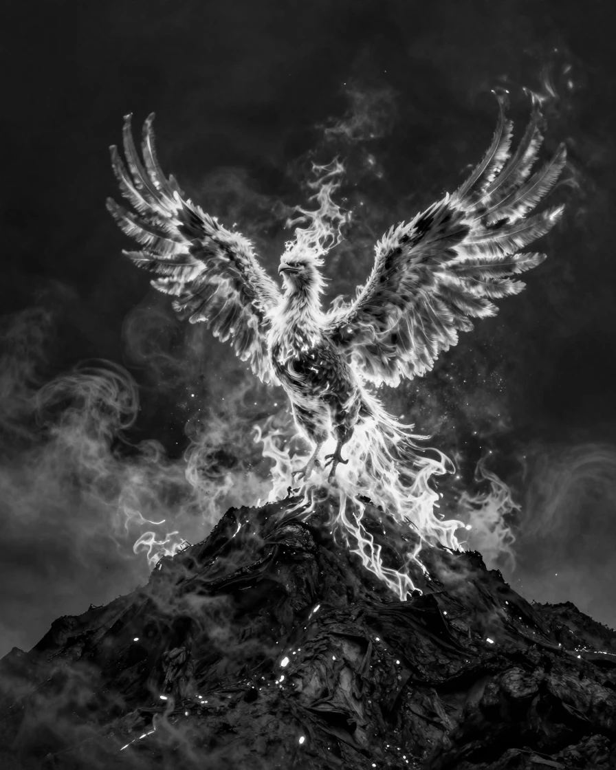 A fire-breathing phoenix rises from the ashes in a burst of flame over a smoldering mountaintop.