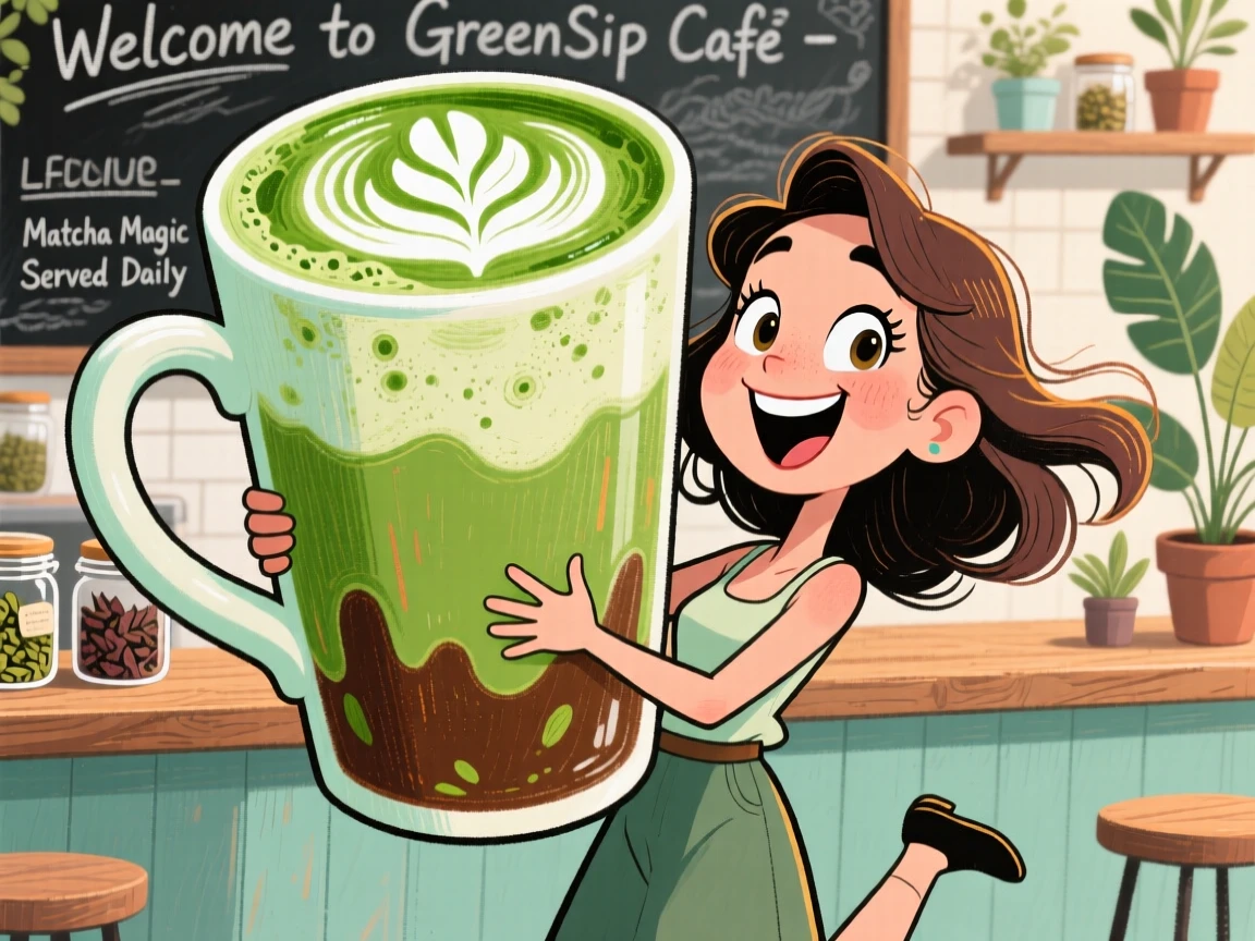 A woman posing with a giant matcha latte, aesthetic cafe background behind her.