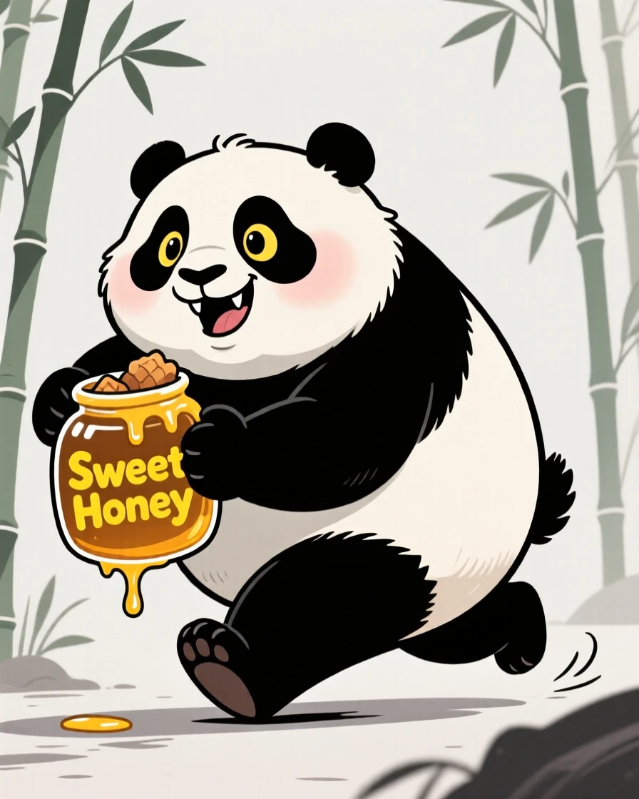 A charming animal moment featuring a plump panda sneaking away with a stolen snack triumphantly, with an exaggerated, comically expressive face.