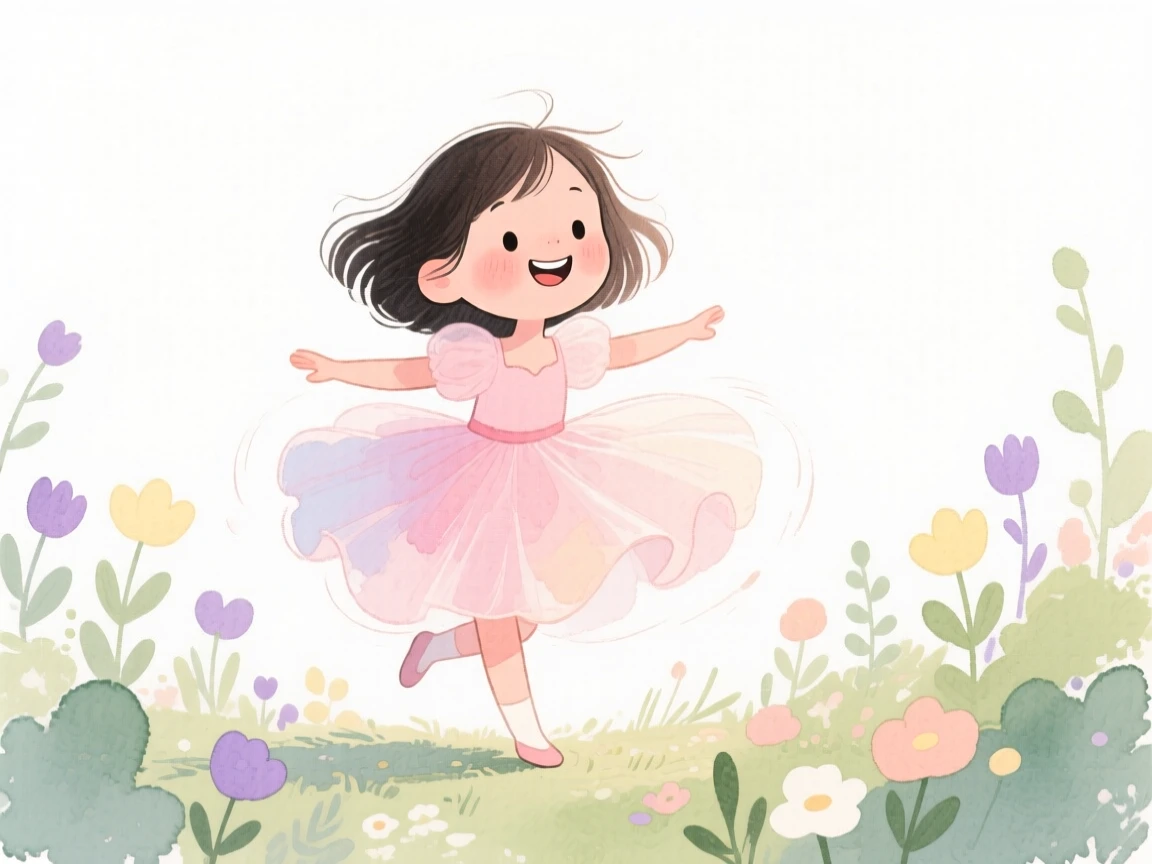 A heartwarming scene of a girl in a tutu twirling in a garden