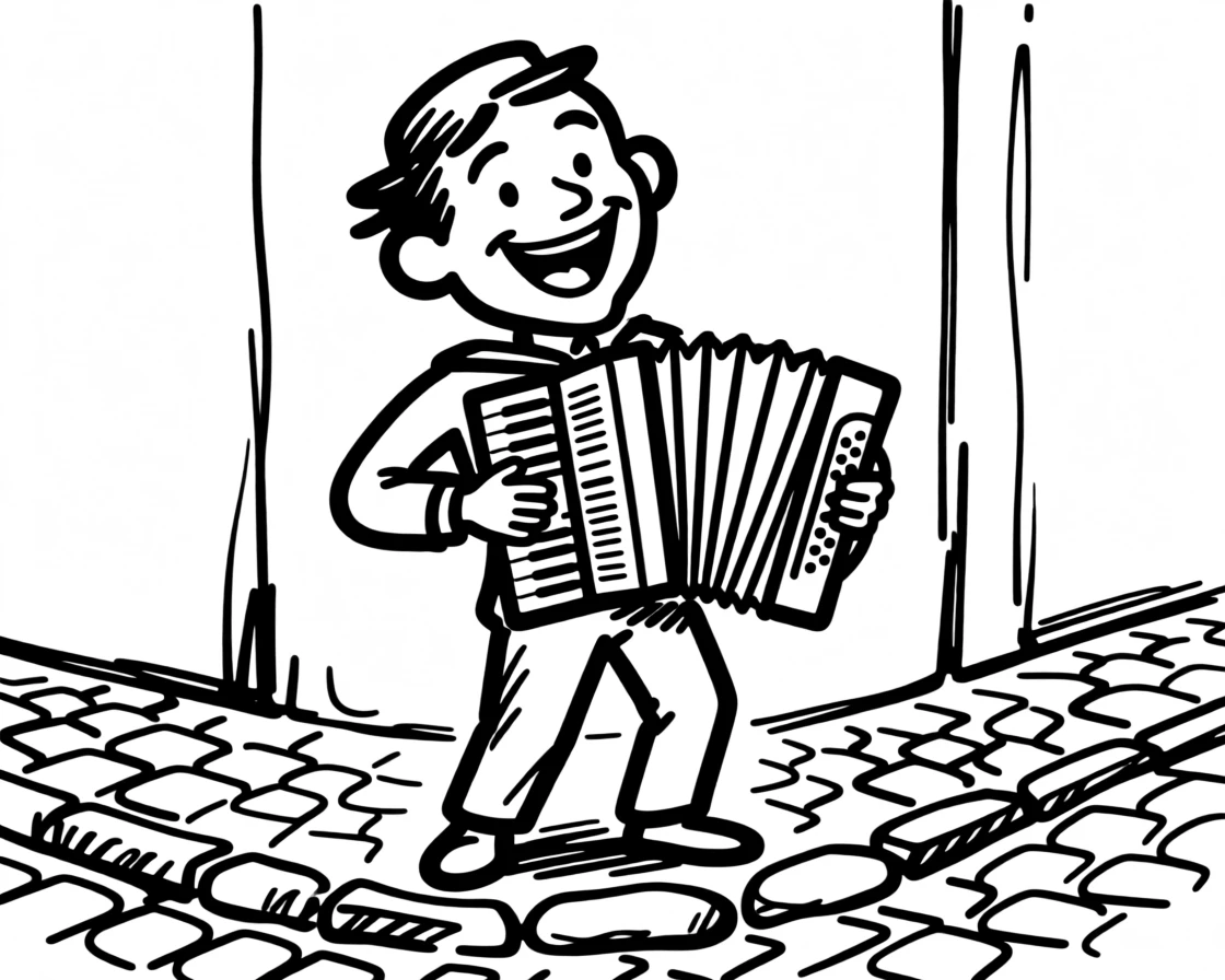 A busker playing an accordion on a charming cobblestone street corner.