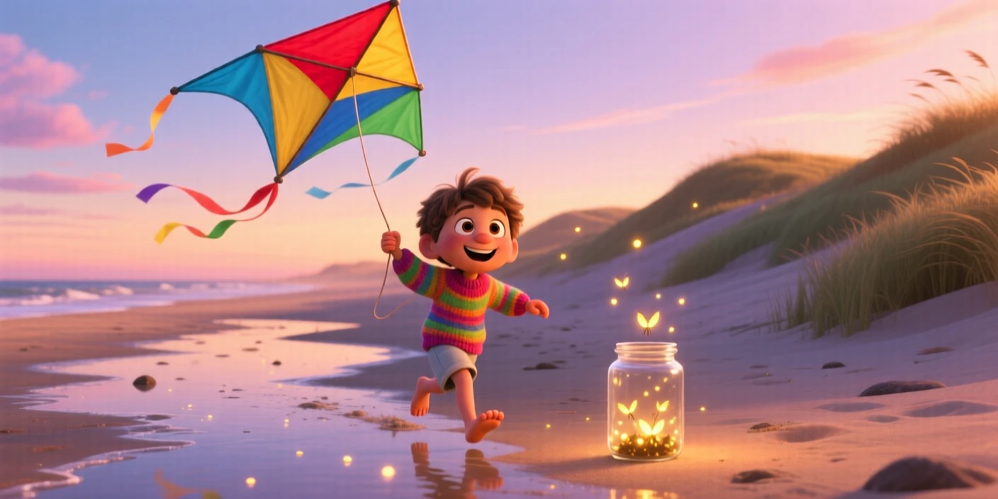 A child flying a colorful kite on a windy hill takes place on a sandy beach at low tide, with a jar of fireflies glowing softly. A carefree, adventurous energy fills the scene.