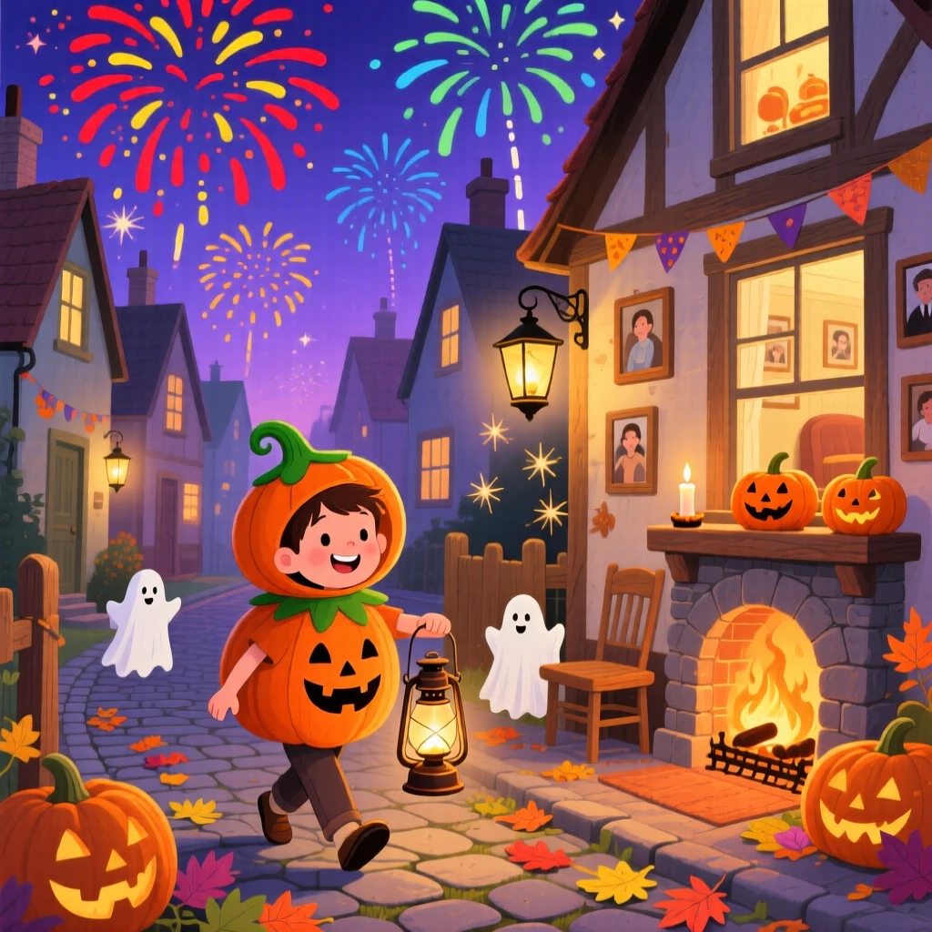 A boy carrying a lantern spend the evening trick-or-treating along a lantern-lit street in a cozy living room by the fire, with fireworks bursting in the sky above.