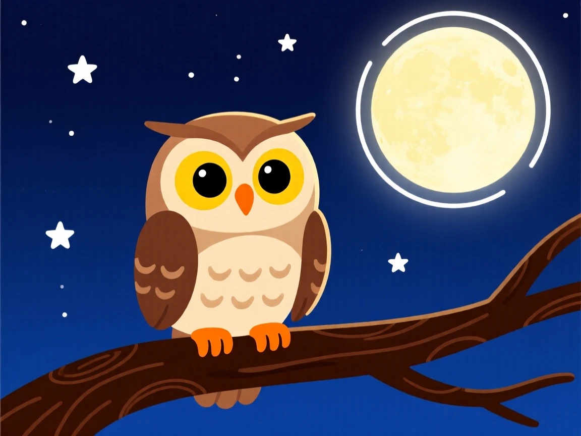 An owl perched silently on a branch under a full moon.