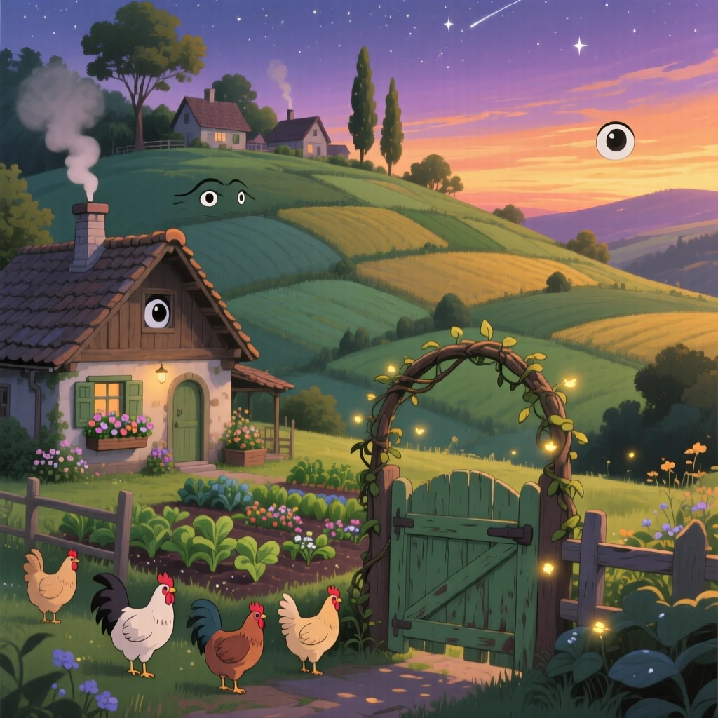 A hillside village overlooking a patchwork of fields, with chickens wandering freely near a garden gate, as evening settles in.