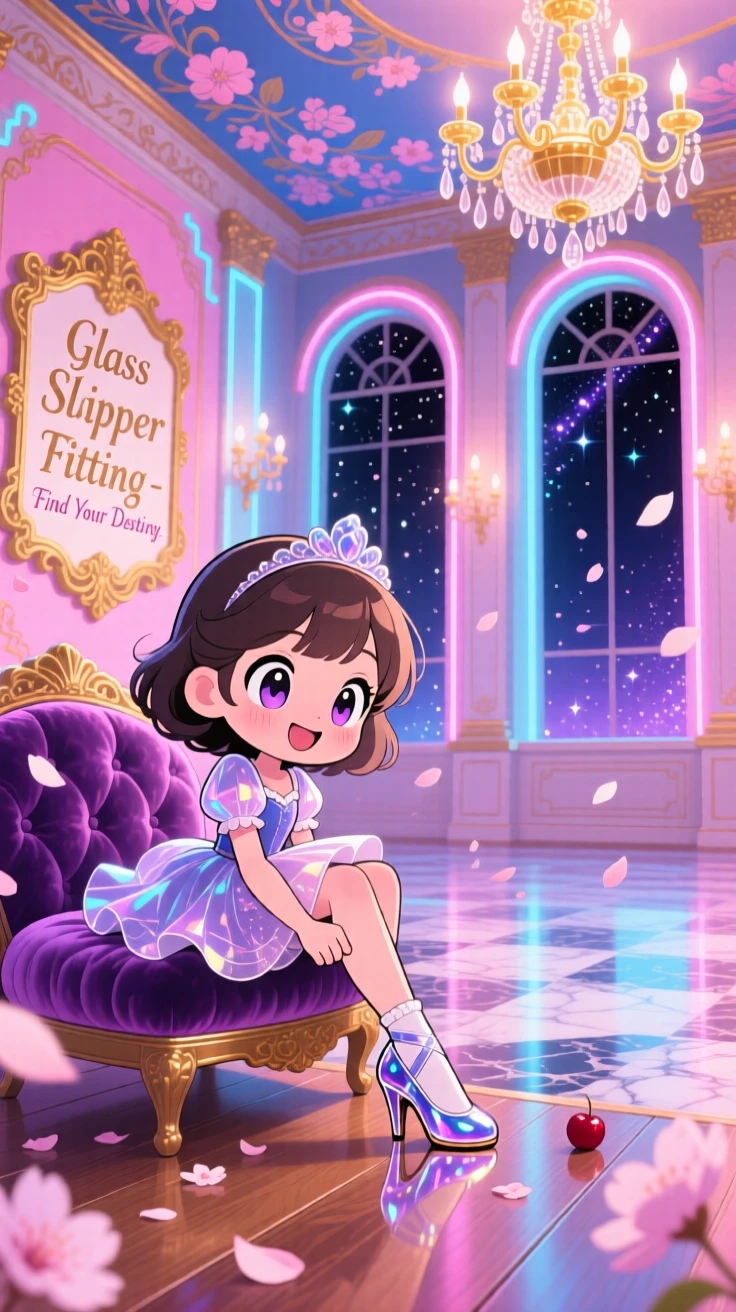 A young girl trying on a glass slipper with a hopeful smile, framed as a wide establishing shot within an elegant storybook ballroom, as cherry blossom petals drift on the breeze, glowing under neon-lit glow, evoking eager anticipation.