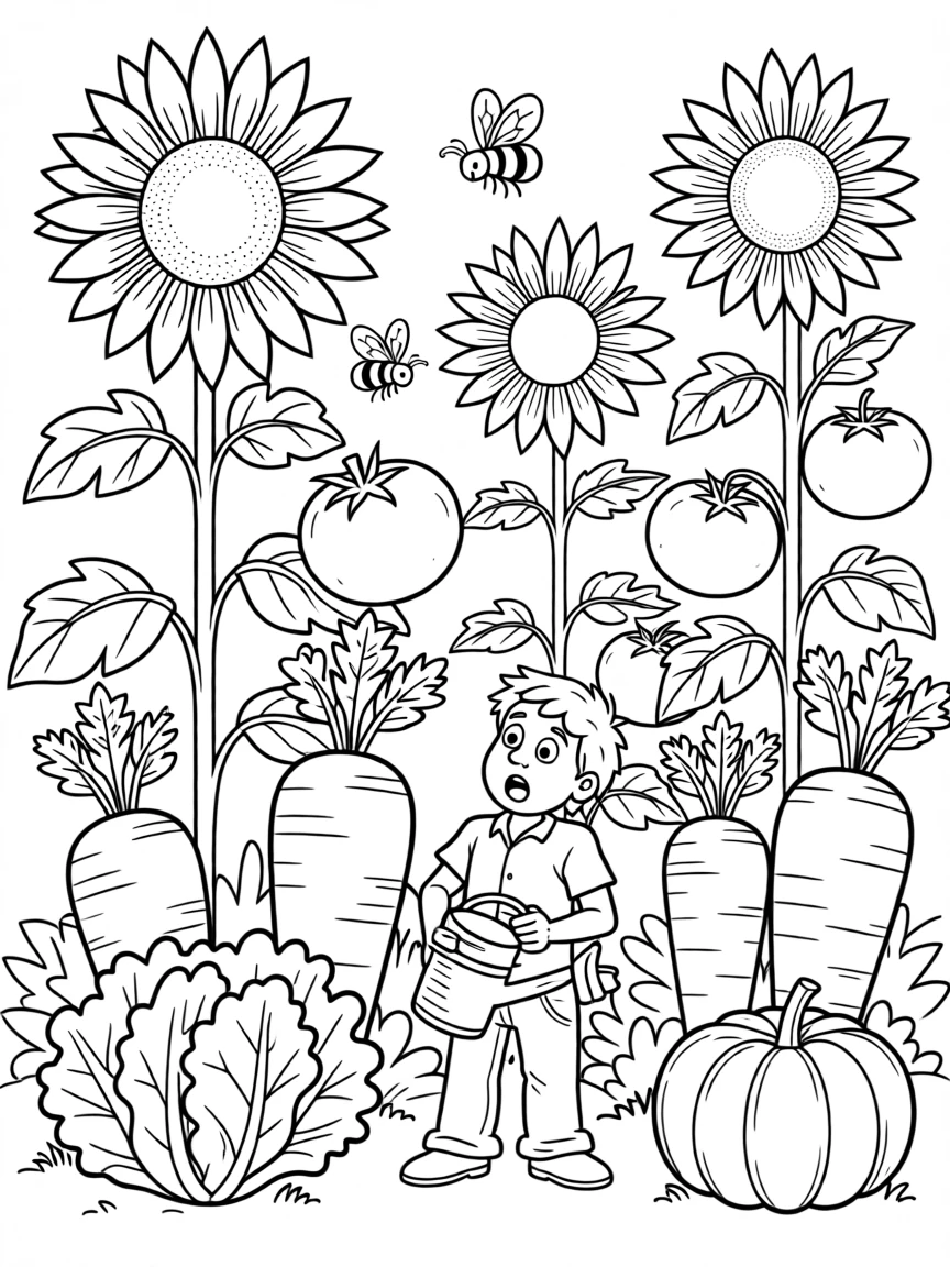 A giant's garden with oversized flowers and vegetables