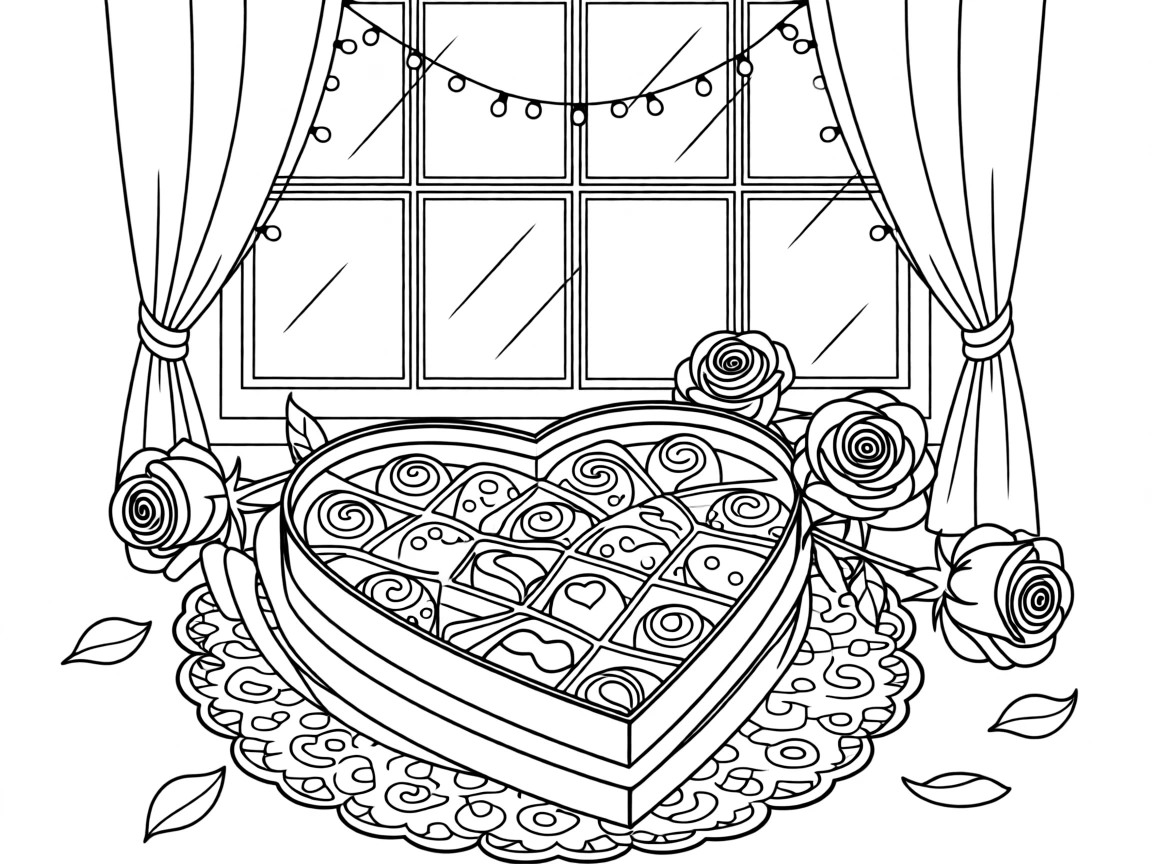 A heart-shaped box of chocolates surrounded by roses for Valentine's Day, with a festive glow lighting up nearby windows.
