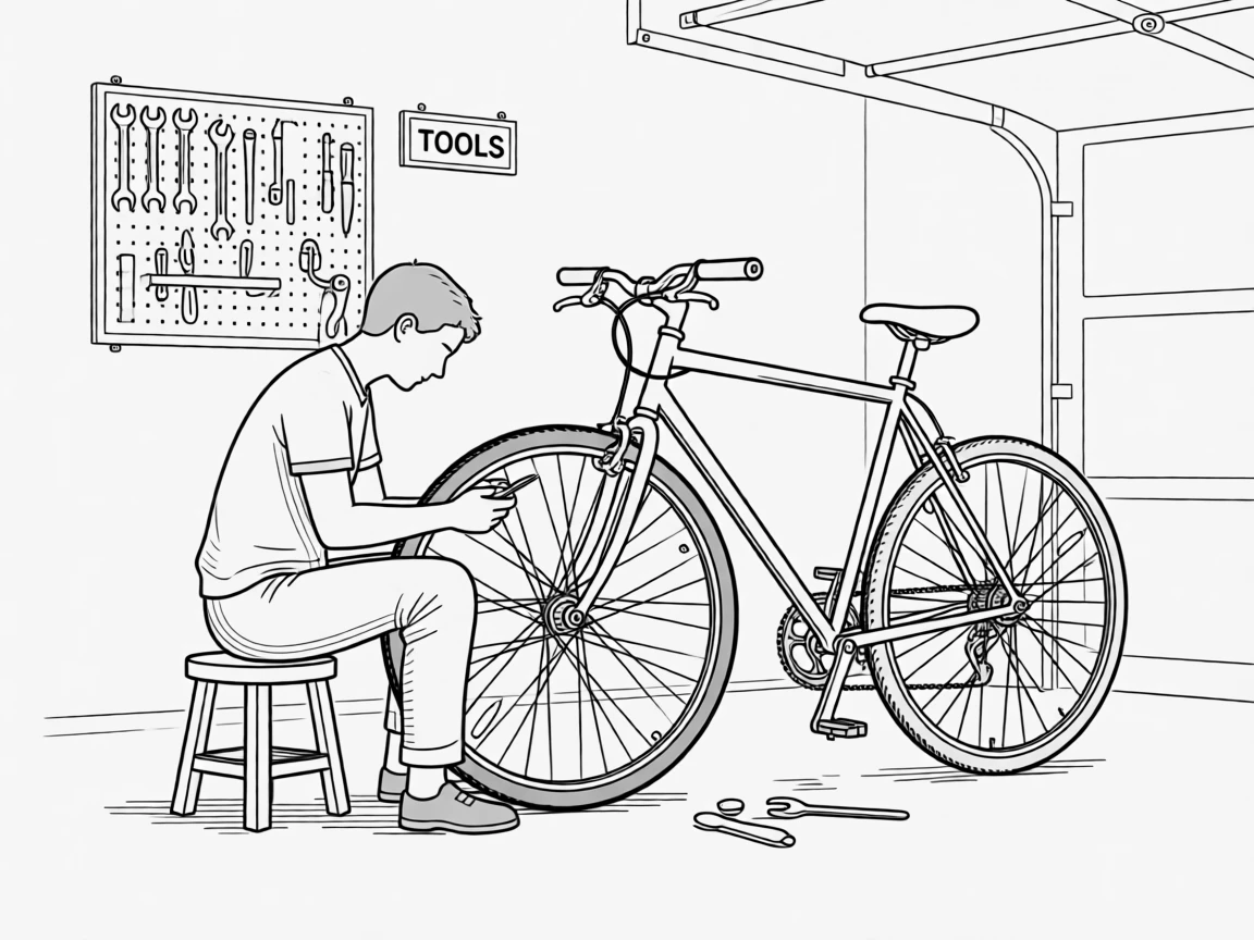 A person repairing a bicycle tire in a garage