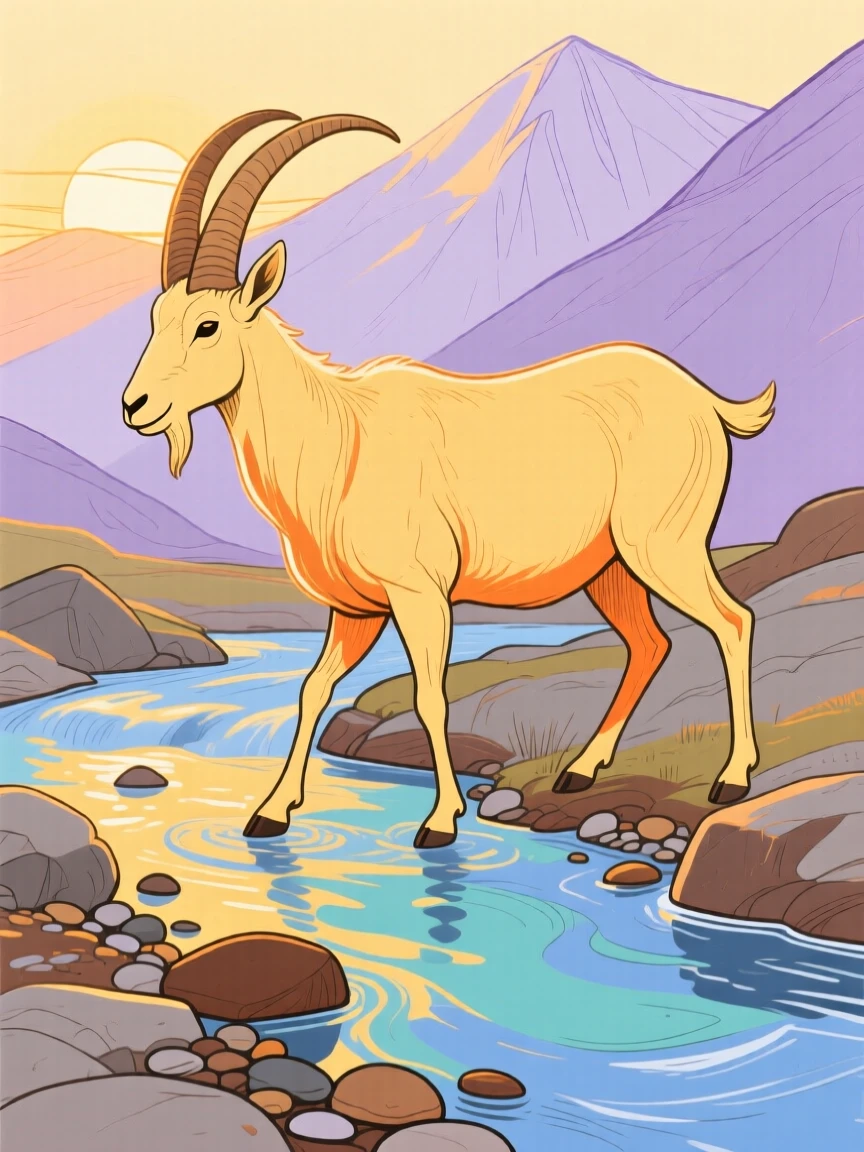 A mountain goat wandering beside a mountain stream during golden hour.