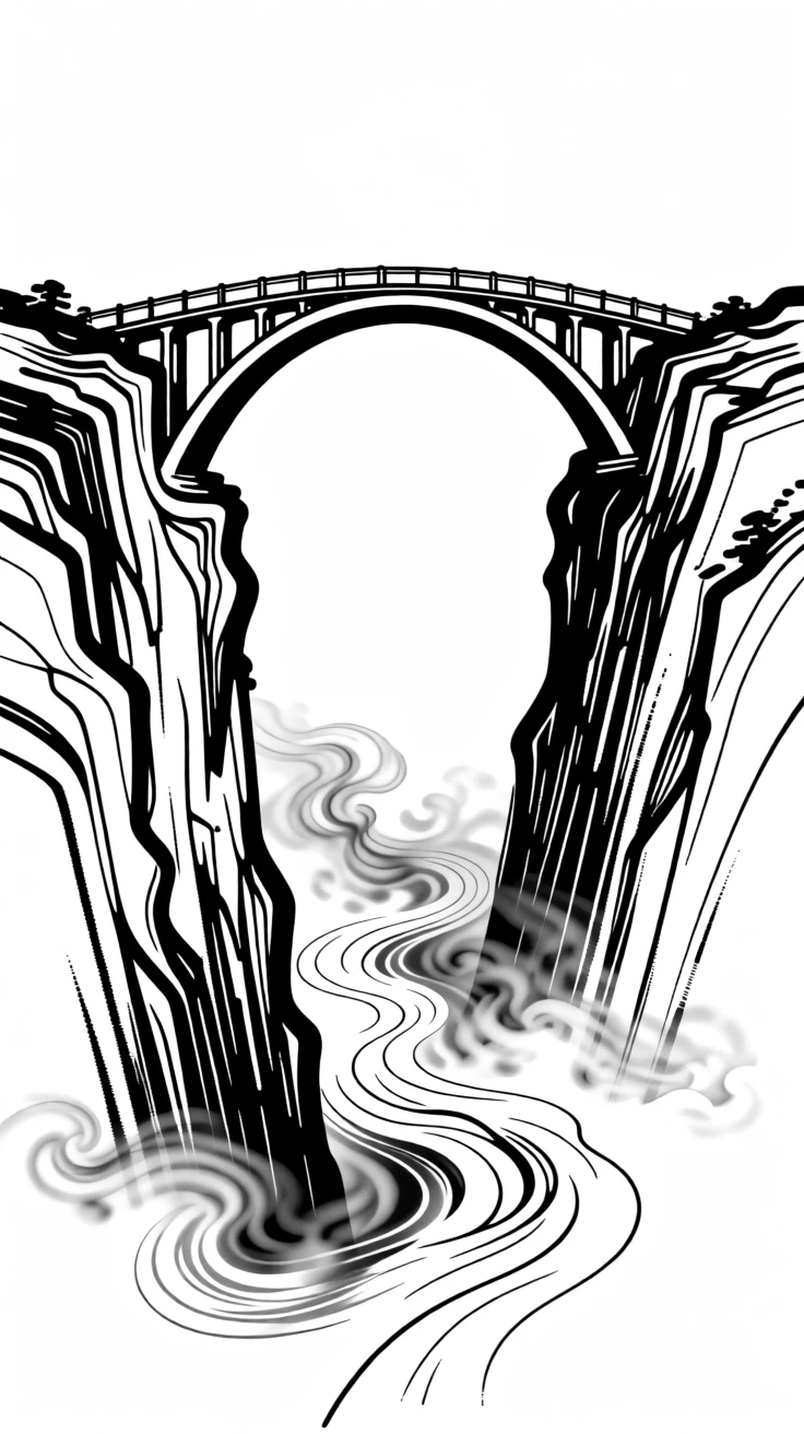 A single bridge arching gracefully over a misty ravine, connecting two cliffs.