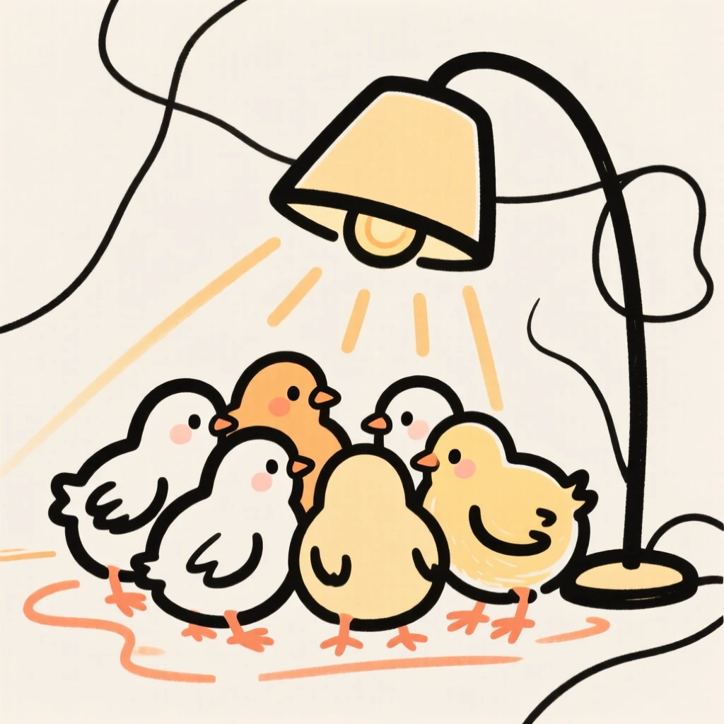 A group of baby chicks huddled together beneath a warming lamp.
