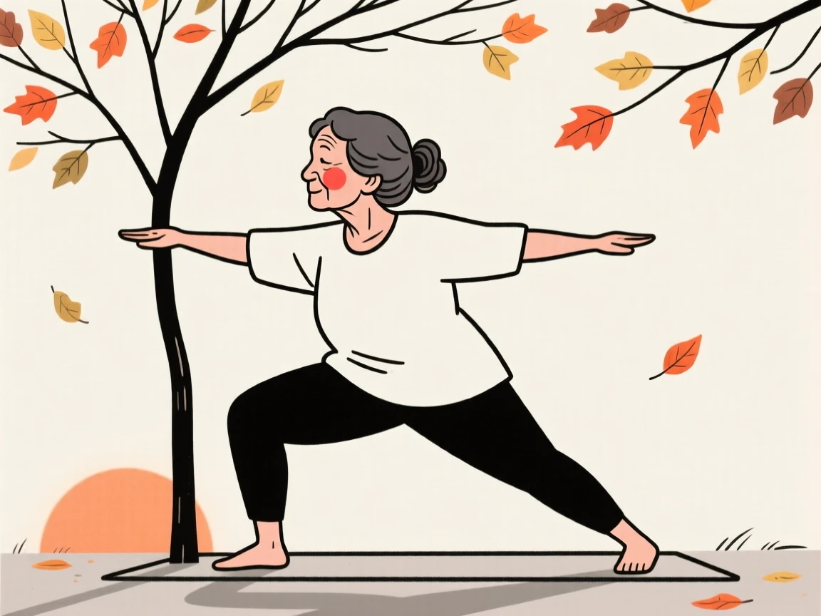 An elderly woman of Italian heritage practicing yoga at sunrise, under a canopy of autumn leaves.