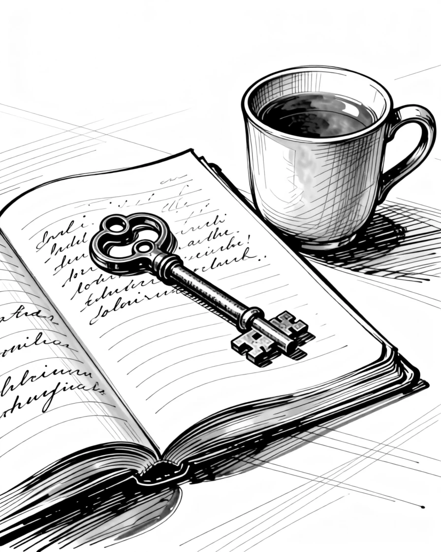 A single key resting on an open journal beside a cup of tea.