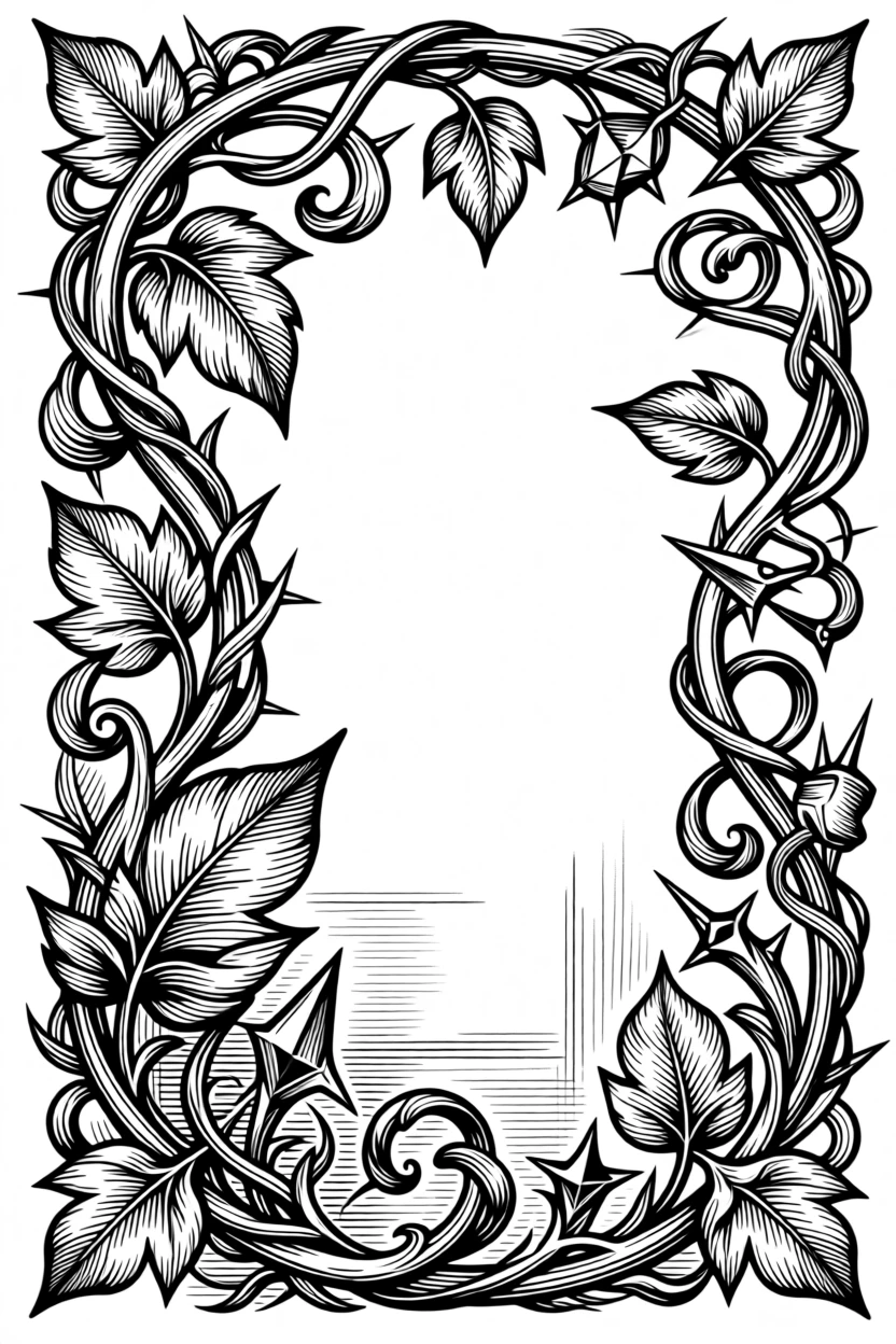 A decorative border of intertwining vines and leaves arranged in flowing, organic symmetry, with graceful curves balanced by sharp geometric accents, forming a richly ornamental decorative composition.