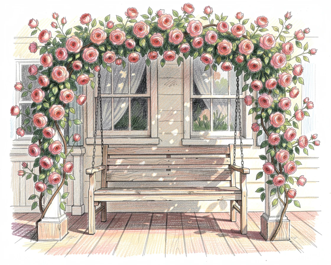 A rustic countryside farmhouse porch swing beneath climbing roses, with a gentle play of light and shadow across the composition, designed to feel inviting, memorable, and shareable.
