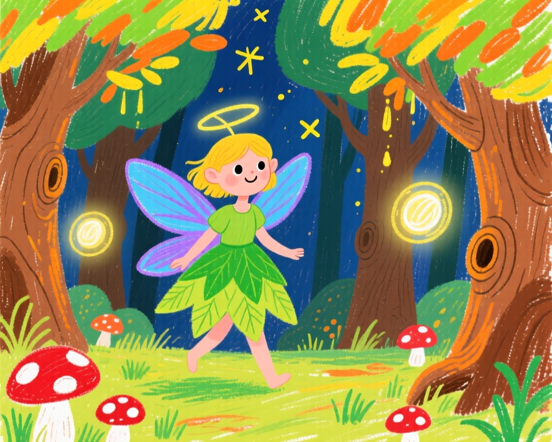 A forest fairy wandering through a glowing enchanted forest.