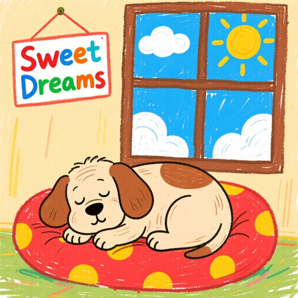 A gentle old dog curled up asleep on a soft cushion by the window.