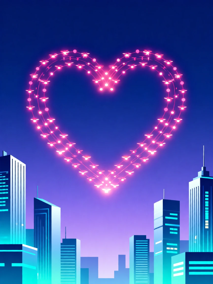 A futuristic drone light show forming a glowing heart in the sky, surrounded by a glowing futuristic cityscape, composed with clean lines and a modern minimalist balance, with a subtle sense of wonder about future possibilities.