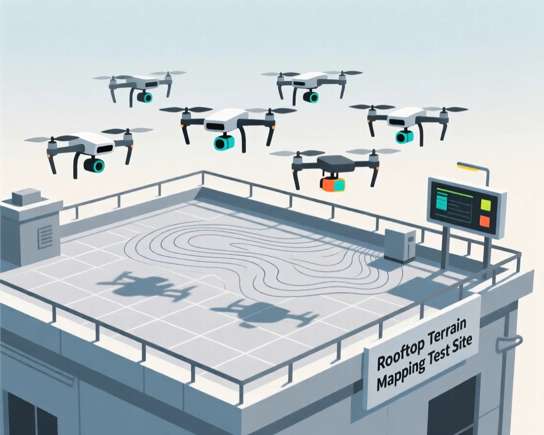A fleet of drones mapping the terrain in a rooftop testing site.