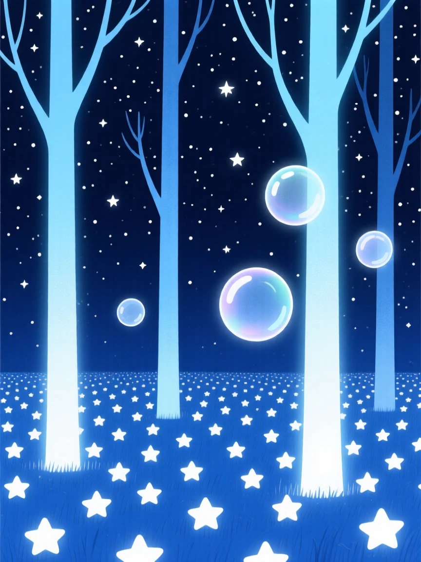 A magical forest where the trees glow softly at night nestled within an endless field of stars, glowing near drifting soap bubbles, full of boundless wonder.