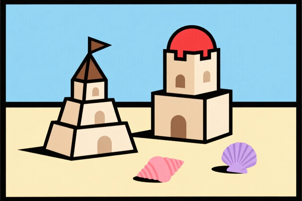A summer beach scene with sandcastles and shells