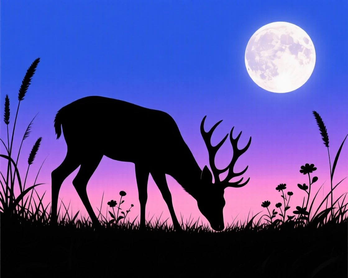 A quiet meadow where a single deer grazes beneath a rising full moon.