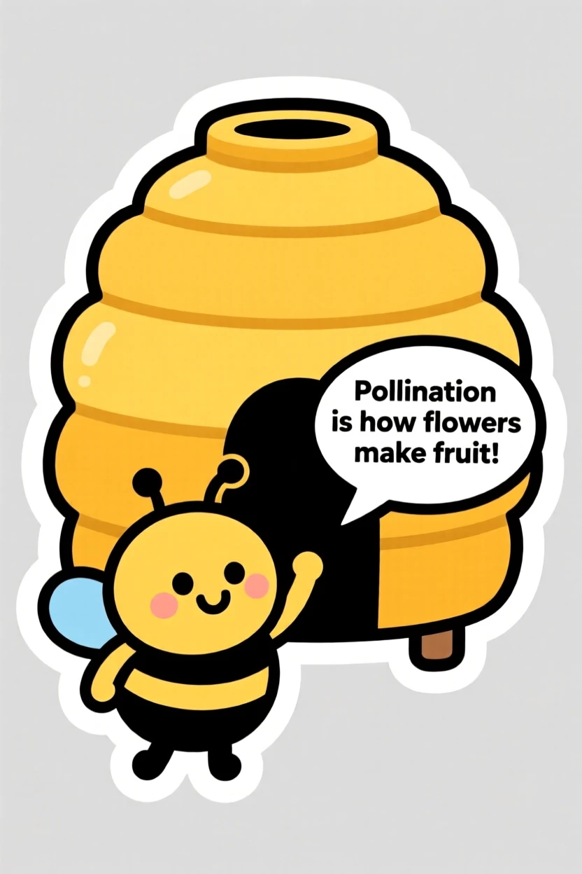 A simple and colorful cartoon beehive with a bee explaining pollination, waving hello with excitement, designed to make learning fun.