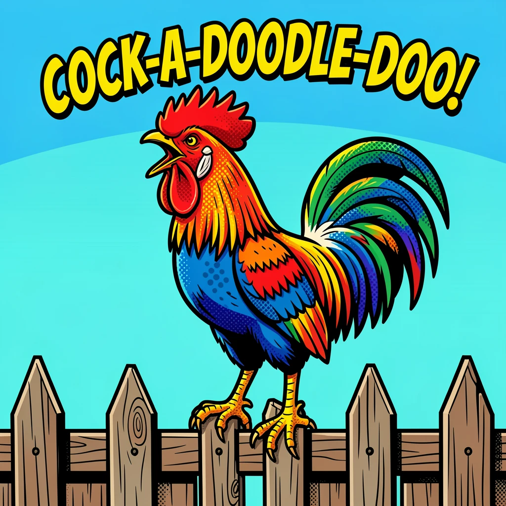 A rooster crowing atop a weathered wooden fence