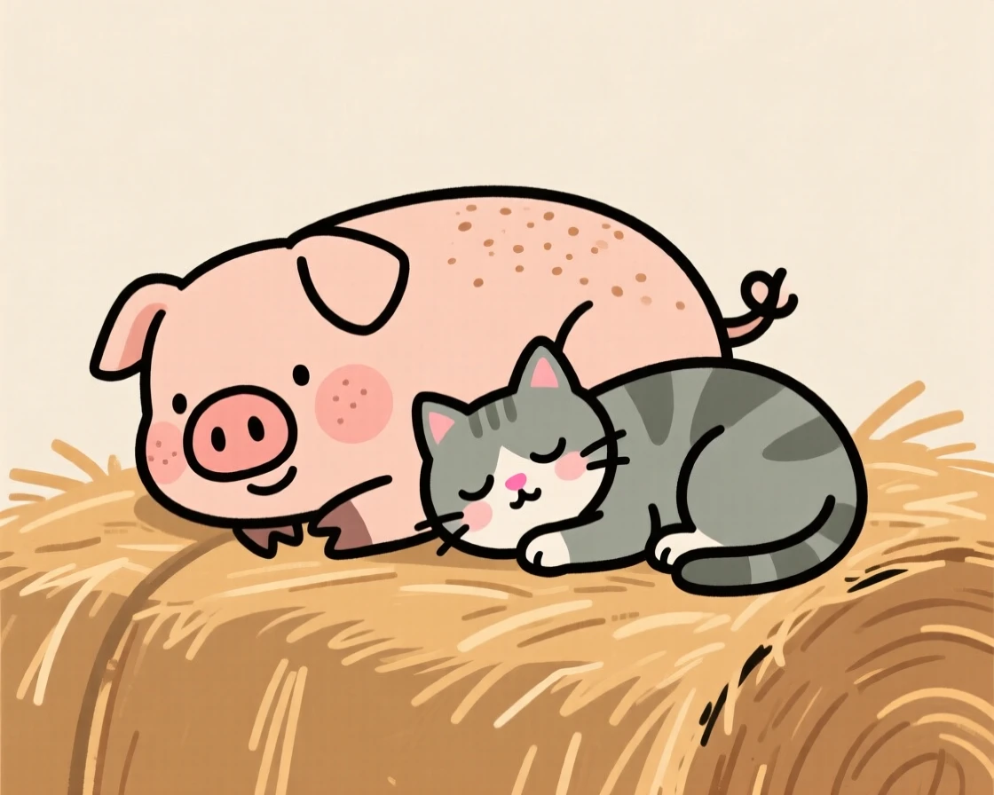 A piglet curls up beside a sleeping kitten on a haystack, both worn out after an afternoon of chasing each other around the yard.