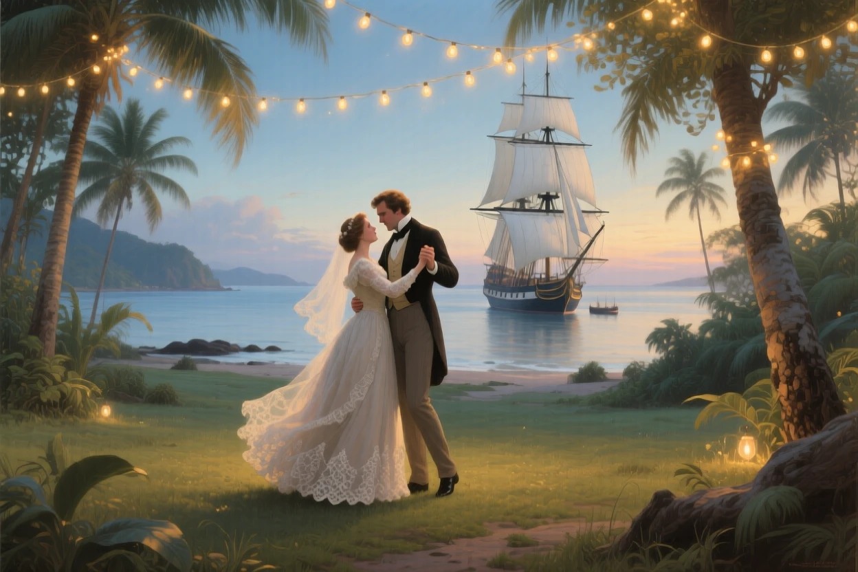 A broad landscape view of a bride and groom sharing their first dance beneath a canopy of fairy lights, on a Pacific island, in the age of sailing ships.