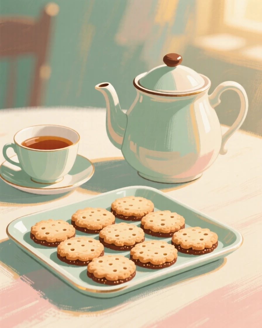 A tray of shortbread cookies beside a pot of afternoon tea