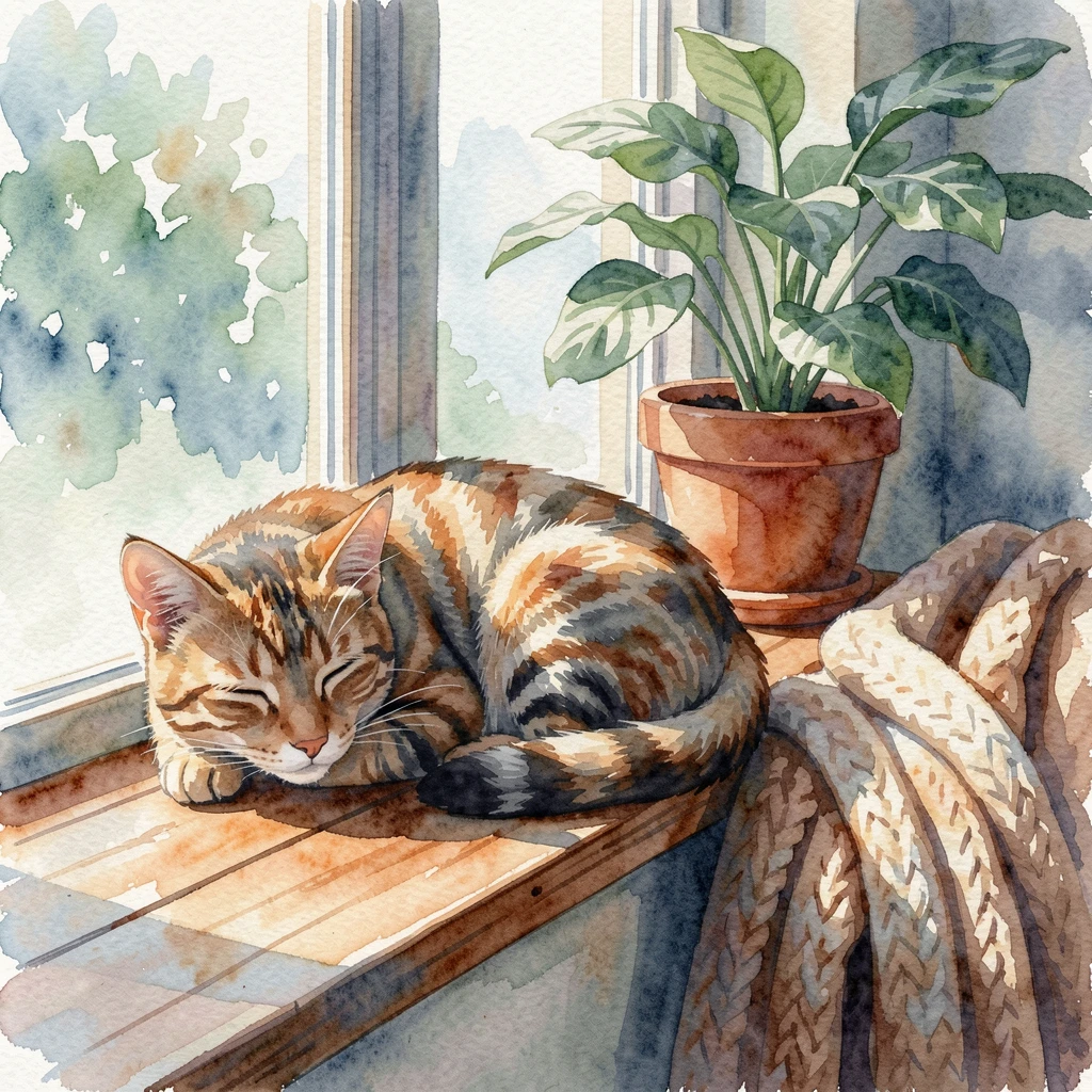 A tabby cat napping on a windowsill in a cozy living room with its ears perked up.
