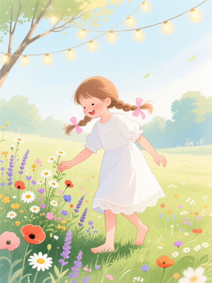 A girl with pigtails picks wildflowers in a meadow under a canopy of string lights, laughter and joy filling the warm afternoon air