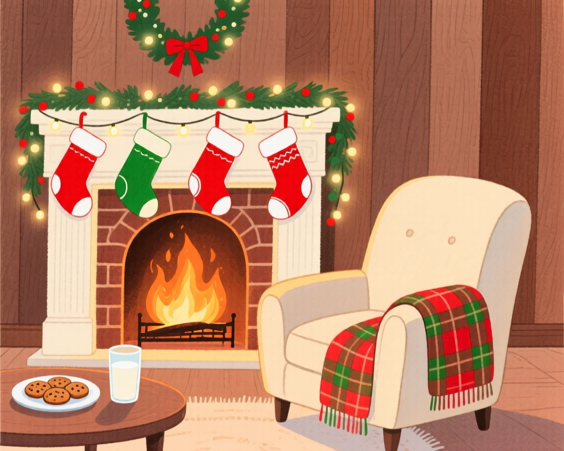 A festive scene of a cozy living room decorated for Christmas with stockings by the fire.