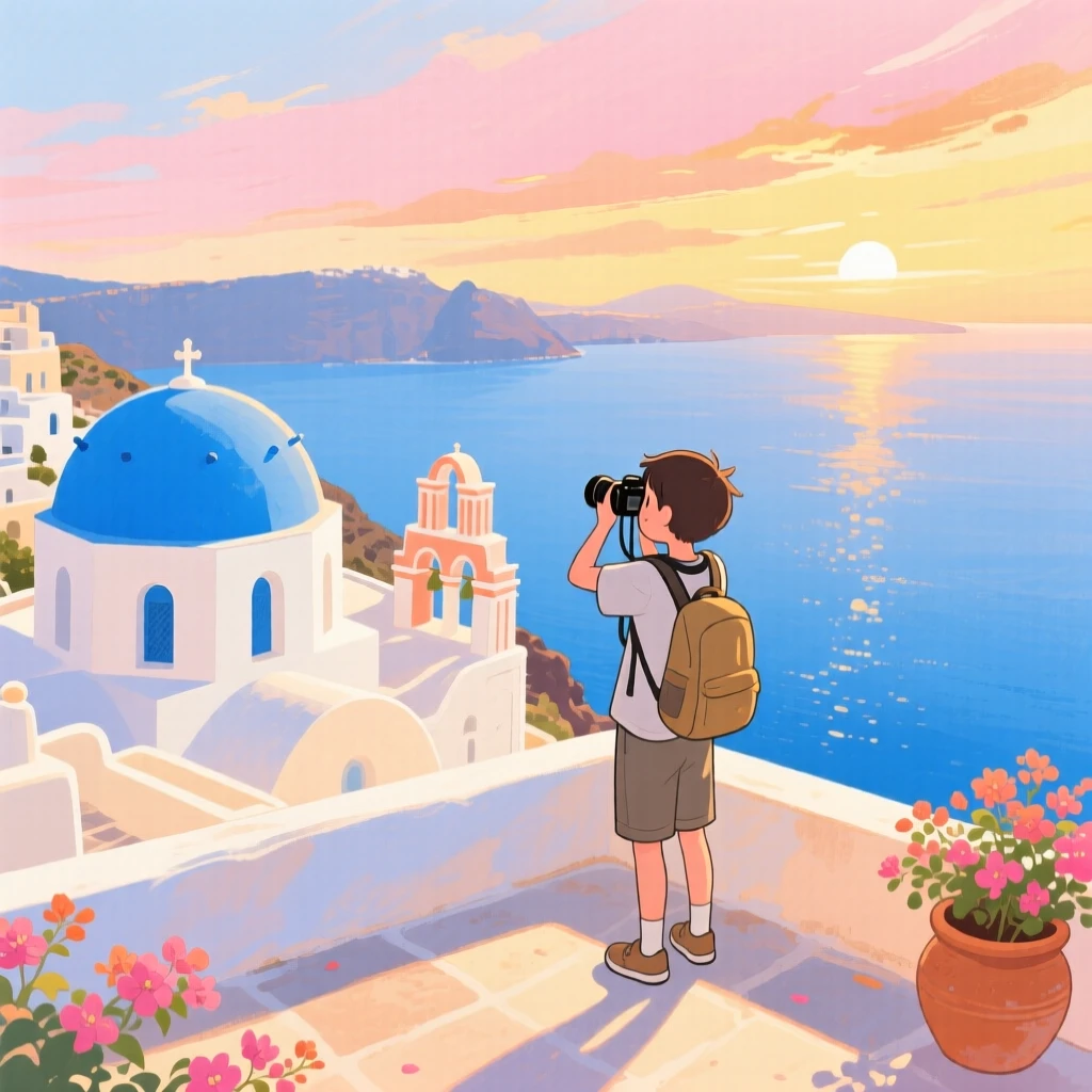 A photographer captures the golden light amid the white-domed rooftops of Santorini overlooking the sea, capturing the wonder of discovering a new place.