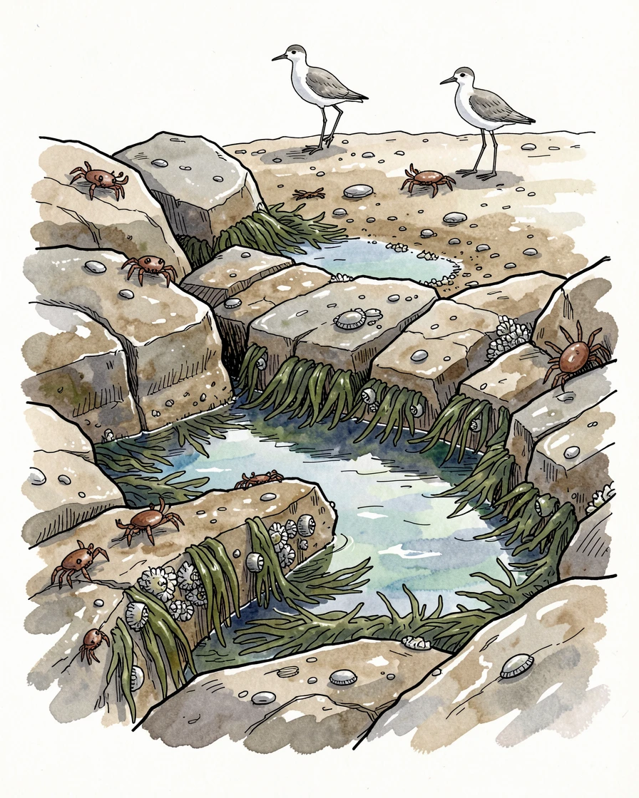 A rocky tidal shelf exposed at low tide and covered in tide pools, wildlife moving quietly at the edges of the scene.