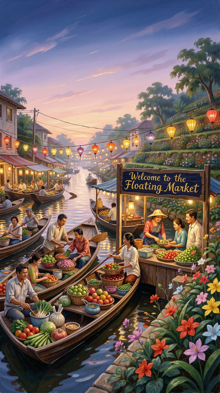A floating market crowded with wooden boats, locals going about their daily routines, beside terraced gardens that step down toward the water, at dusk, lanterns beginning to glow throughout the streets.